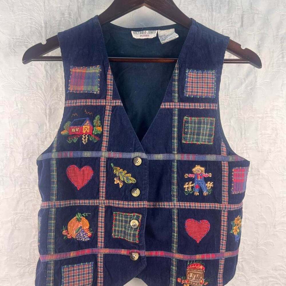 Vintage 90s Navy Corduroy Patchwork Embroidred Fall Vest Grandmacore